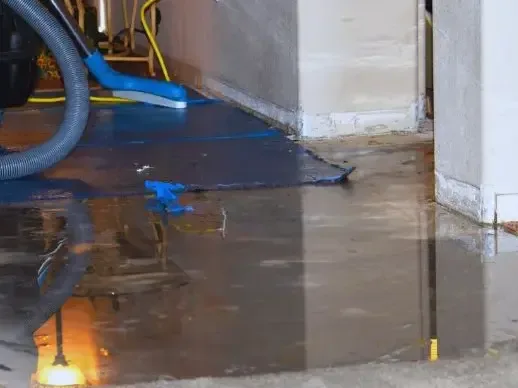 Extraction hoses crossing standing water along an interior wall