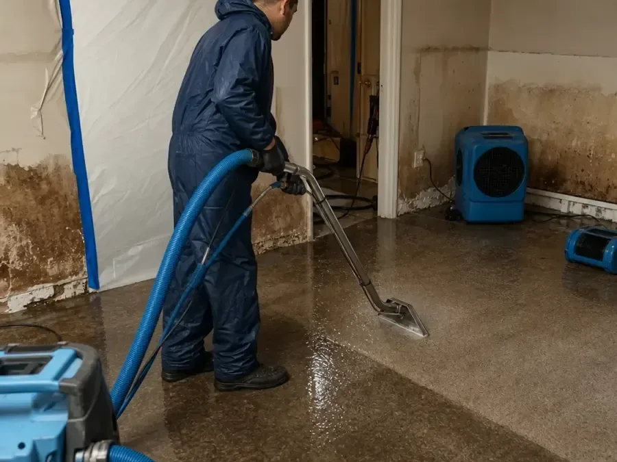 Restoration technician extracting water from a water damaged room