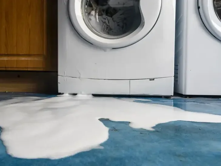 Water and suds spreading from a leaking washing machine