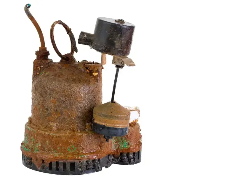 Worn, rusted submersible sump pump with its float switch