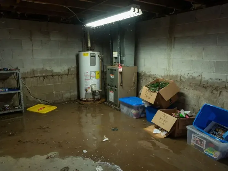 Failed water heater releasing water across a basement floor